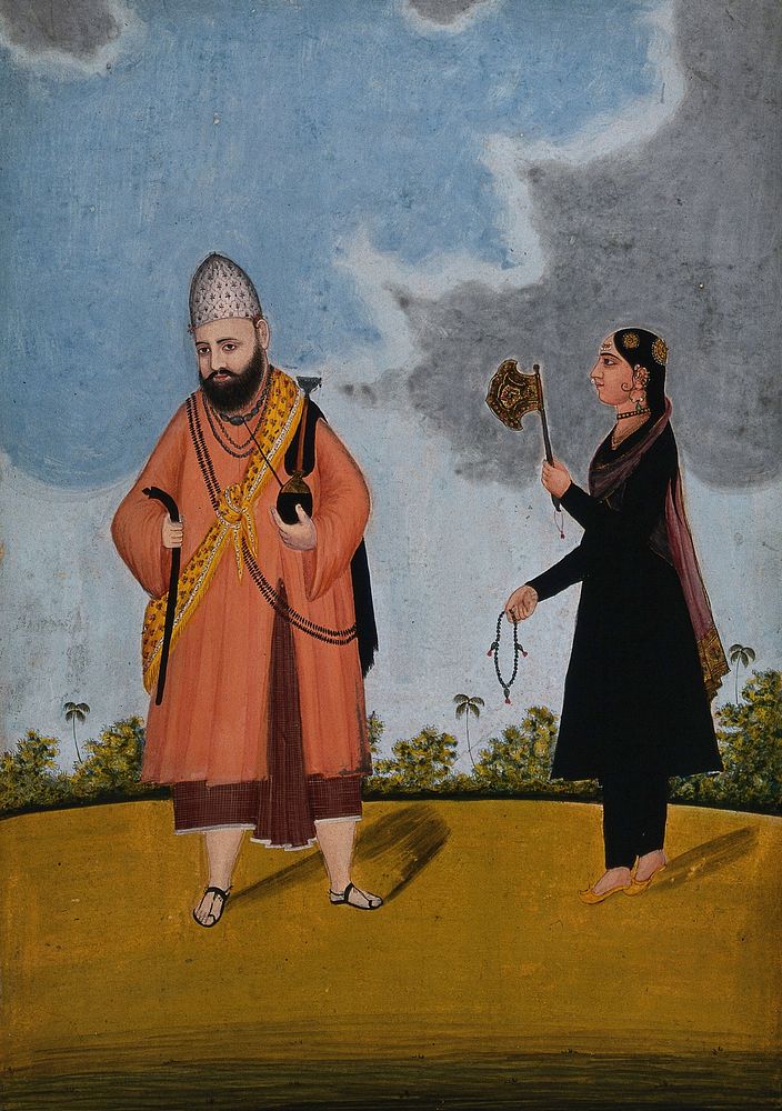 A well-dressed Hindu ascetic or holy man receiving gifts from a richly dressed woman. Gouache painting by an artist of…
