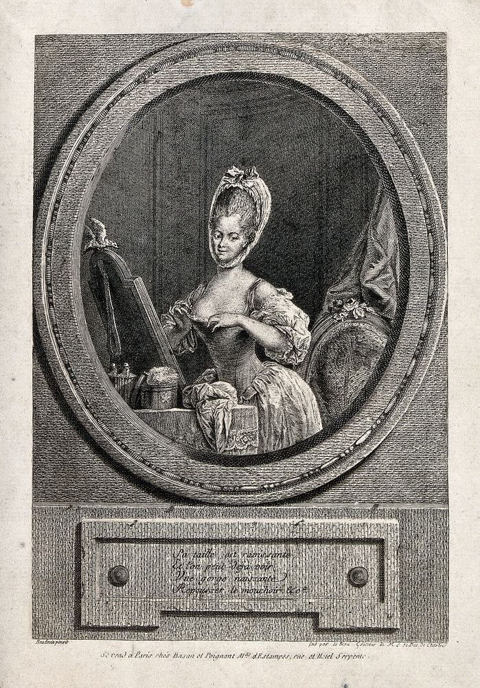 A woman standing at her dressing table and arranging her bodice; upon the dressing table is a power box and puff, two…