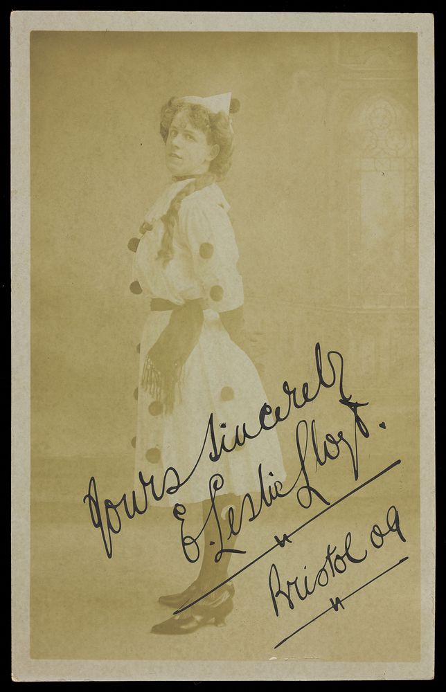 E. Leslie Lloyd in drag as a Pierrette. Photographic postcard, 1909.