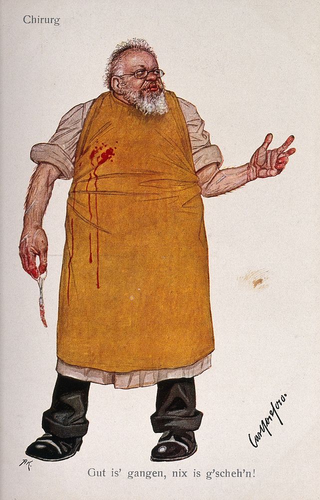 An insensitive surgeon. Colour process print by C. Josef, c. 1930.