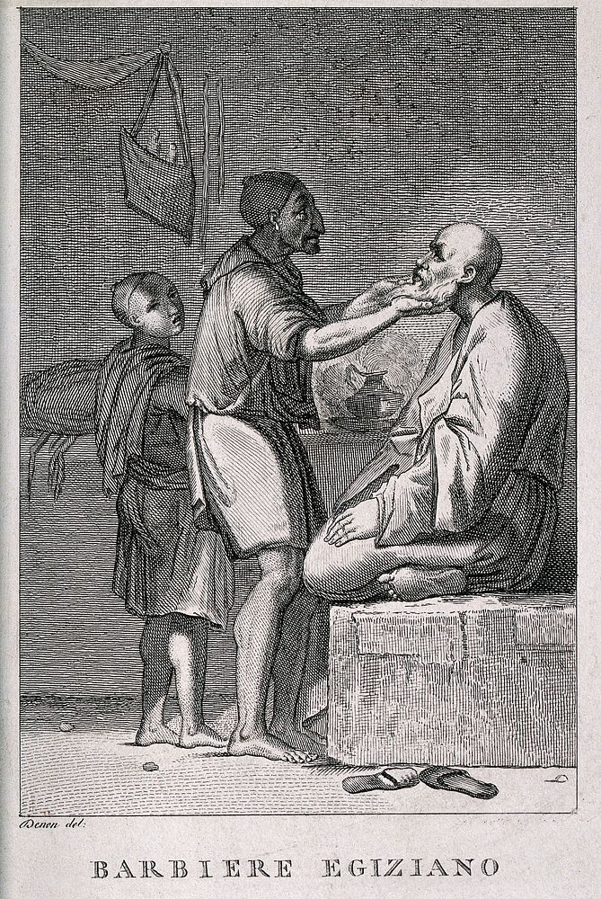 An Egyptian barber shaving a man; a boy assistant looks on. Engraving by G.B. Cecchi after Vivant-Denon.