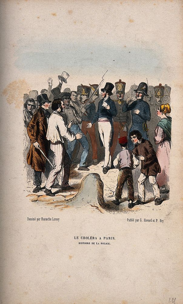 Parisian police during the cholera outbreak of 1855. Reproduction of a coloured wood engraving after E. Lorsa.