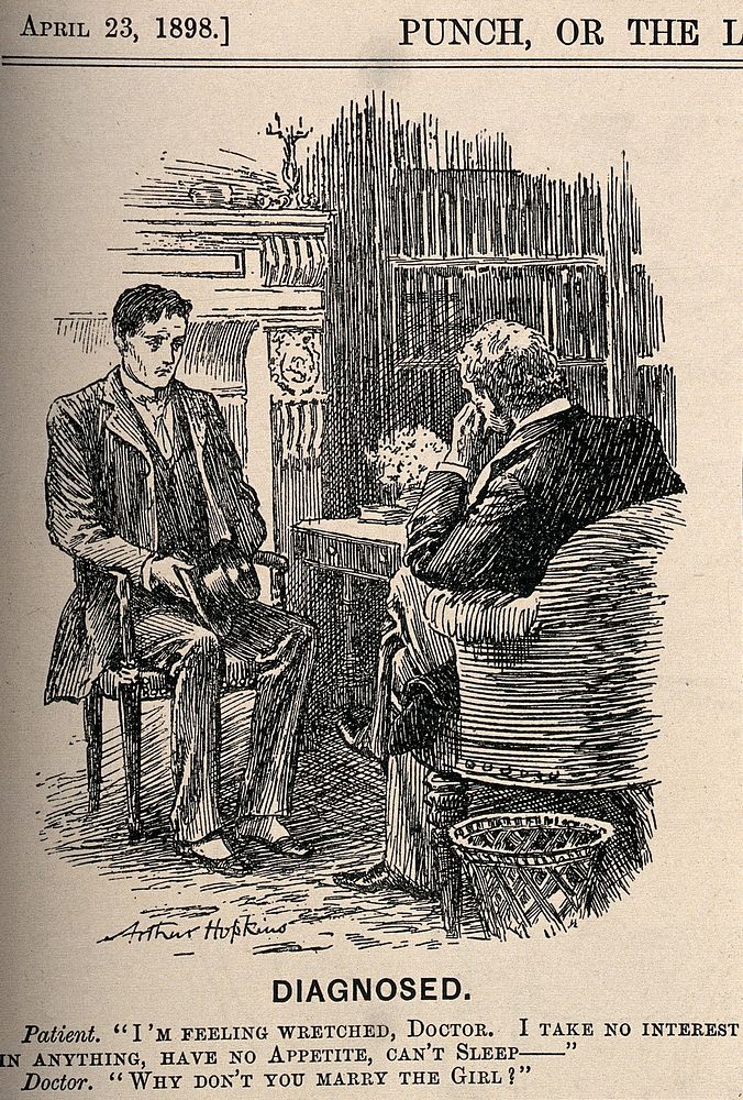 A doctor diagnosing an ill young man as suffering from lovesickness. Wood engraving by A. Hopkins, 1898.