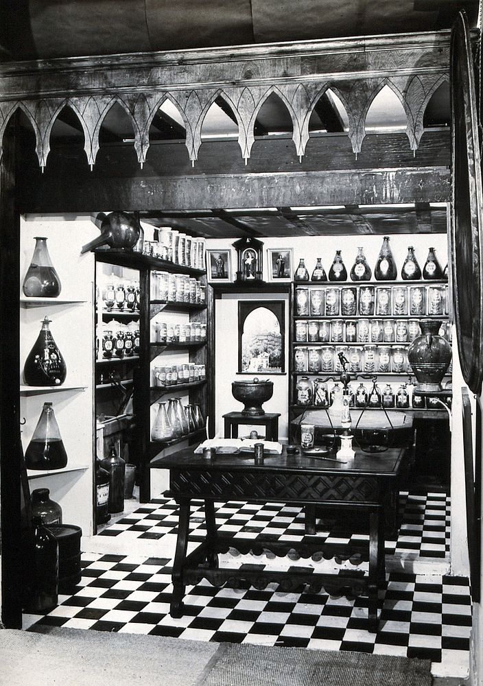 Wellcome Historical Medical Museum, Wigmore Street, London: reconstruction of a Hispano-Moresque pharmacy. Photograph.