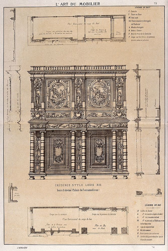 Cabinet-making: designs for a cupboard. Etching by J. Verchère after himself, 1880.