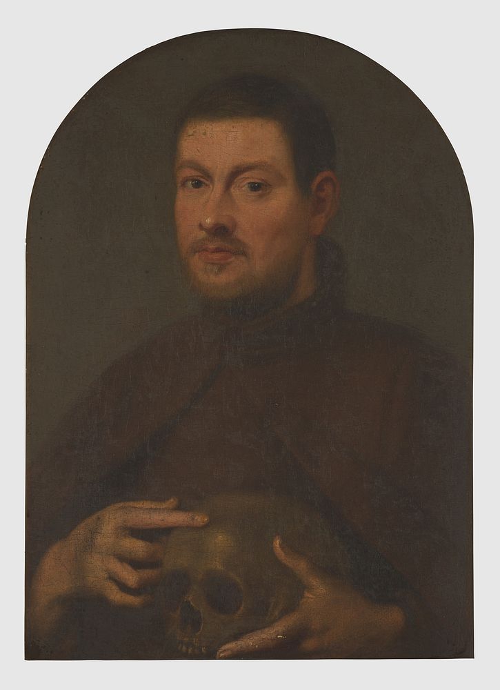 A man holding a skull, called "Fra Dunello". Oil painting.