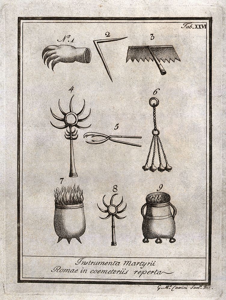Roman instruments of martyrdom. Etching by G.M. Cassini.