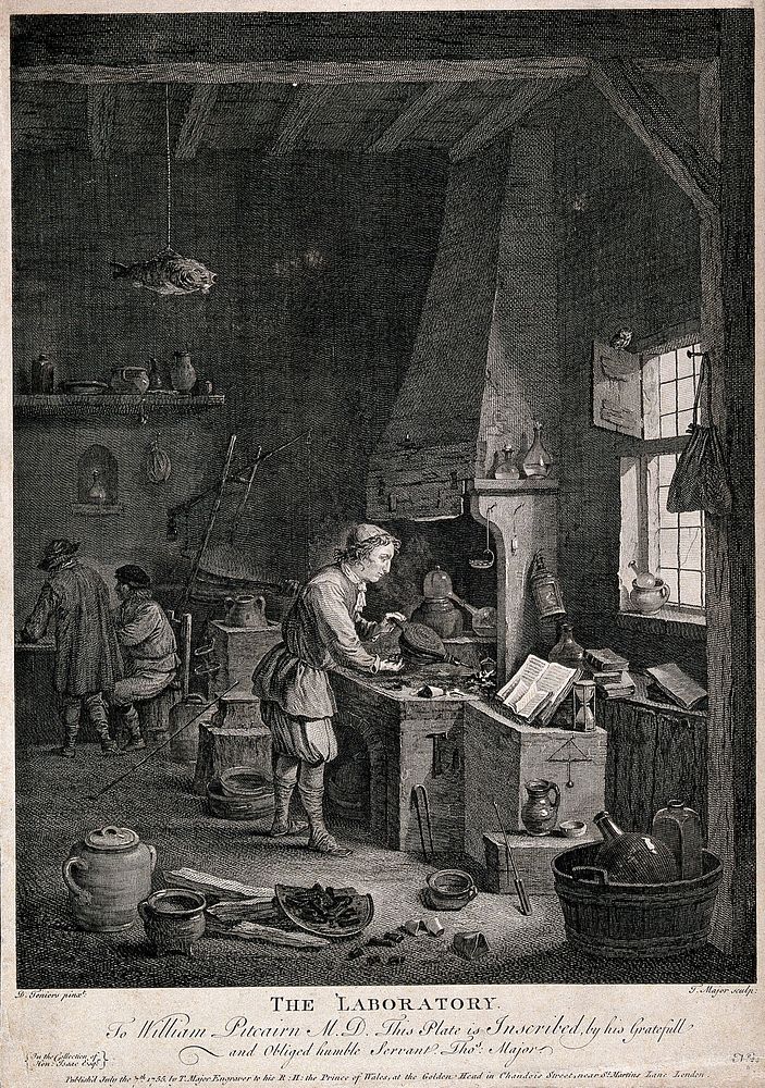 A young alchemist works a bellows at his furnace. Etching by T. Major, 1755, after D. Teniers the younger.