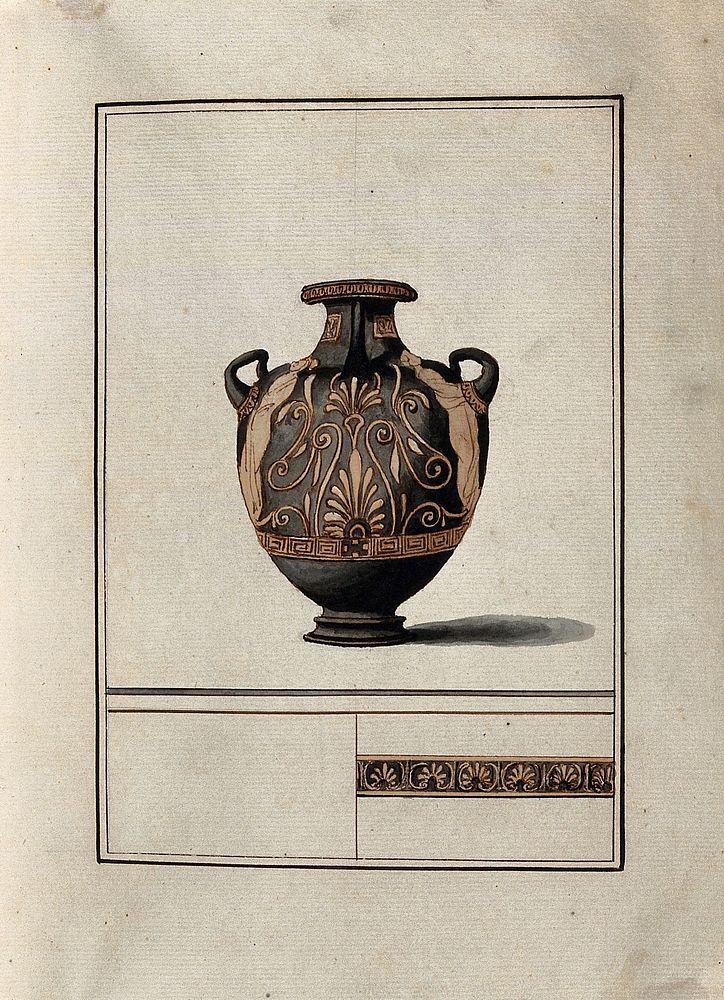 Above, red-figured Greek water jar (hydria) decorated with figures and a palm motif; below, detail of the decoration showing…