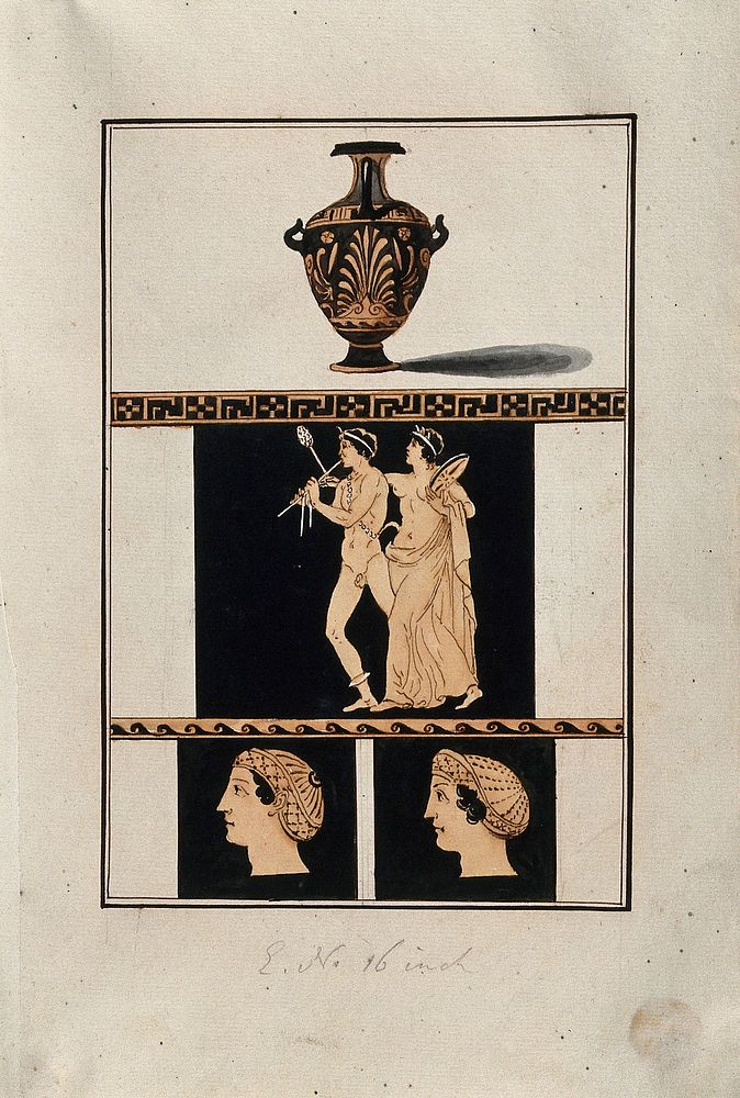 Above, red-figured Greek water jar (hydria); centre, detail of decoration showing one man playing the flute and another…