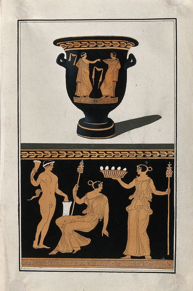 Above, red-figured Greek wine bowl (bell-krater); below, detail of decoration showing a seated woman, a satyr and a woman…