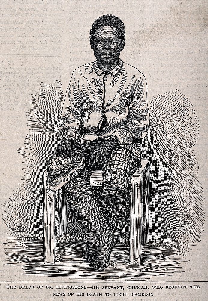 Chumah, David Livingstone's personal servant, seated on a wooden stool, holding his cap in his hand. Wood engraving.