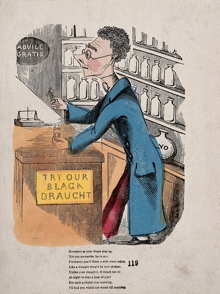 An unattractive pharmacist in his shop. Coloured wood engraving, c. 1850.