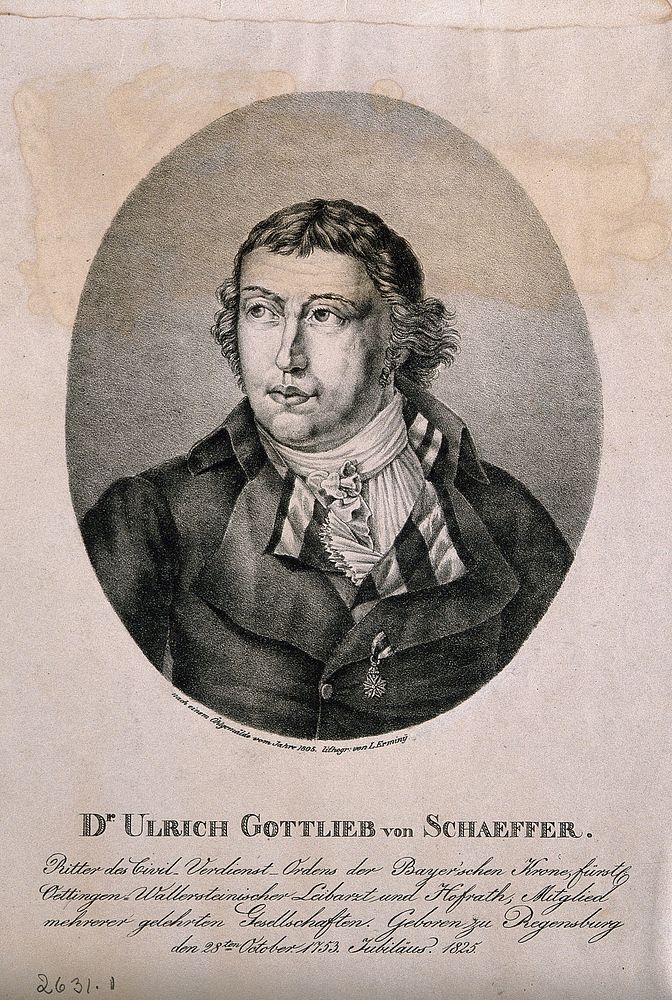 Johann Ulrich Gottlieb von Schaeffer, wearing a medal in his lapel. Lithograph by L. Erminÿ, 1825, after an oil painting of…