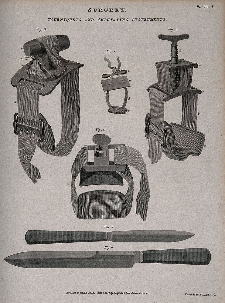 Surgical instruments: tourniquets and amputating instruments. Engraving by Wilson Lowry, 1803.