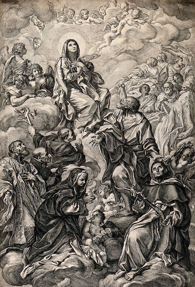 Saint Mary (the Blessed Virgin) in glory with Saint Clare, Saint Philip Neri, Saint Charles Borromeo, Saint Francis of…