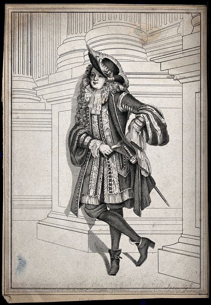 A man dressed in seventeenth century costume leaning against the socle of some double columns. Etching.