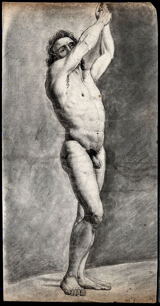 A standing male nude with his arms raised. Black chalk drawing by J.J. Masquerier, 1793.