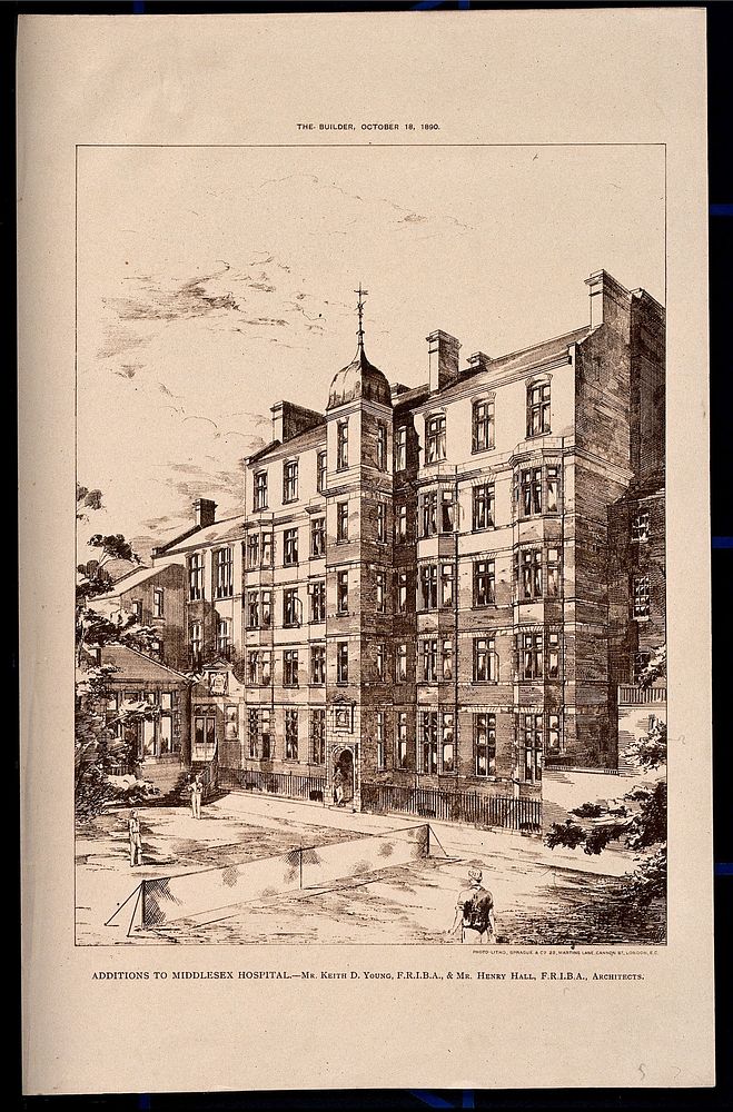The Middlesex Hospital: additions to the old building, a game of tennis in progress in the foreground. Photo-lithograph…
