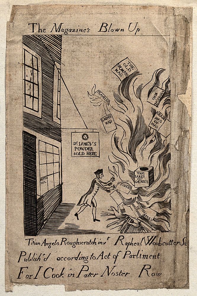 A man throwing various magazines onto a bonfire. Line engraving.
