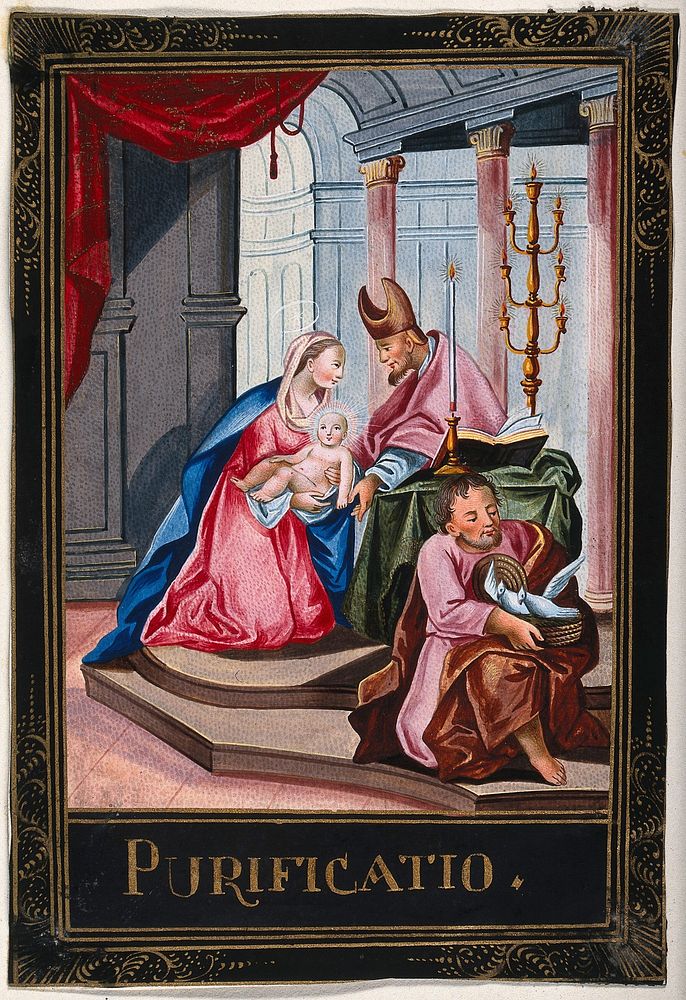 The presentation of Jesus at the Temple and the completion of the purification of Mary. Watercolour painting.