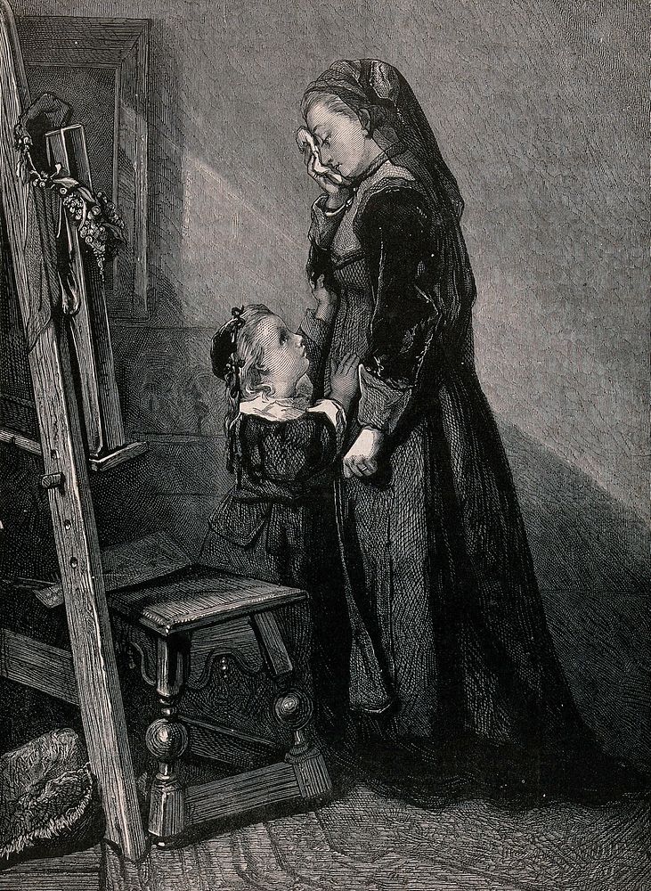 A grieving widow consoled by her young daughter; both standing before a picture propped up on an easel. Wood engraving by…