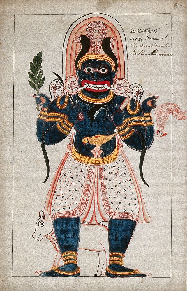 A Sinhalese four armed devil called Calloo Coomare, wearing a headdress of snakes and holding a cockeral, twig with leaves…