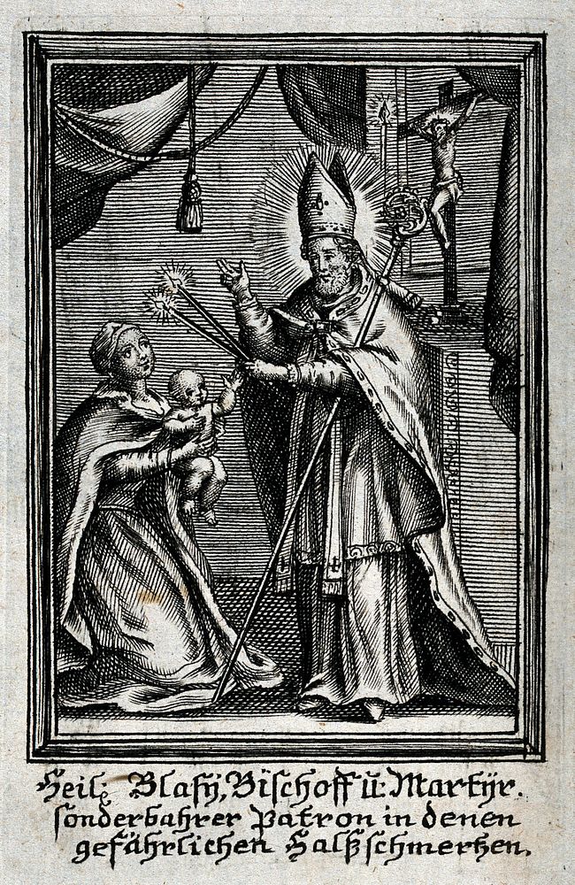 Saint Blaise blessing a baby with a dangerous throat disease (such as diphtheria). Line engraving, 17--.