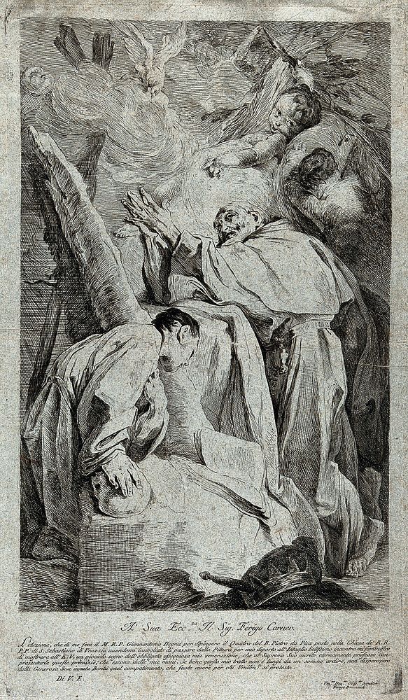 The blessed Pietro Gambacorta of Pisa with a monk, and angels above. Etching by F. Bencovitch.