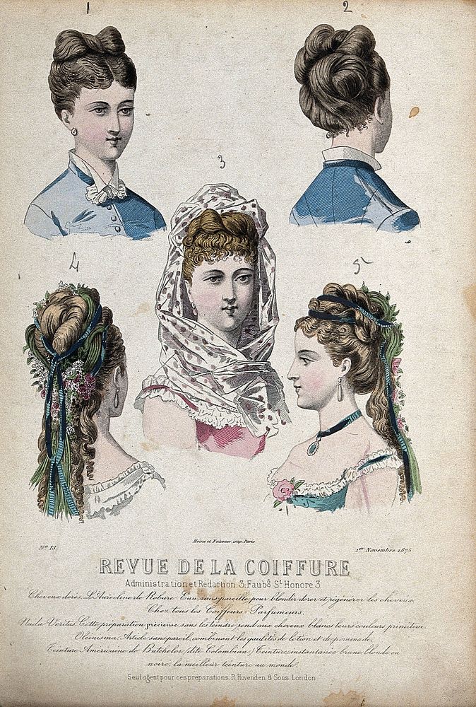 The heads and shoulders of five women with their hair combed back and dressed with chignons decorated with scarfs, ribbons…