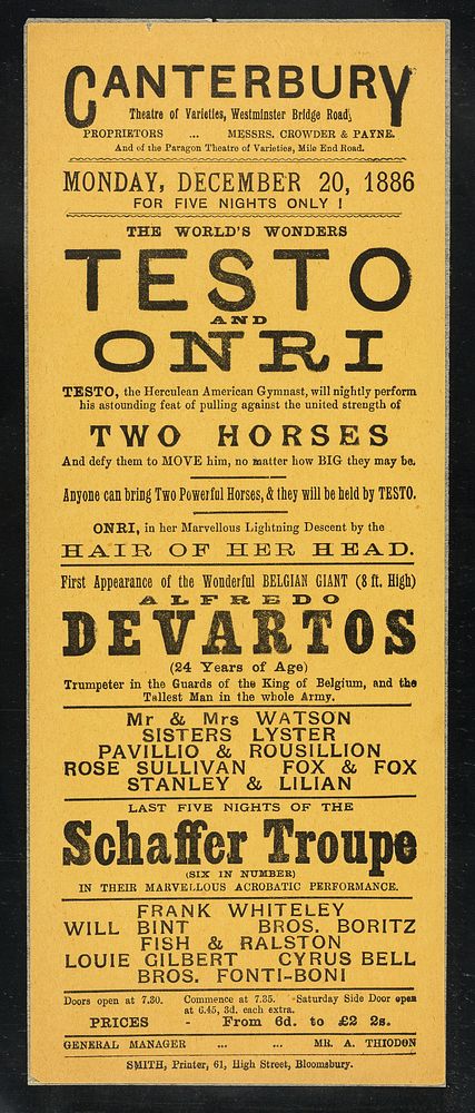 [Handbill (20 December 1886) for a variety show at the Canterbury Theatre of Varieties (Westminster Bridge Road, London…