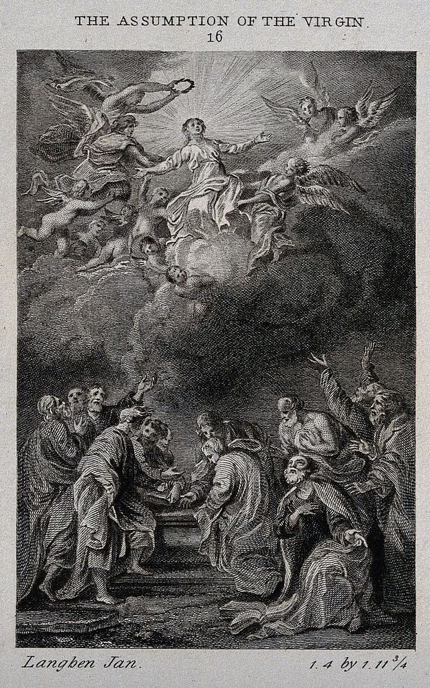 The apostles around the empty tomb watch the Assumption of the Virgin. Engraving after J. Boeckhorst.