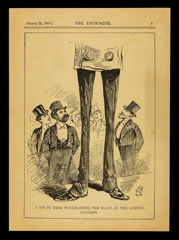 [Page from The Entr'acte for 22 January 1877 showing a cartoon of "A bit of Herr Winkelmeier, the giant at the London…
