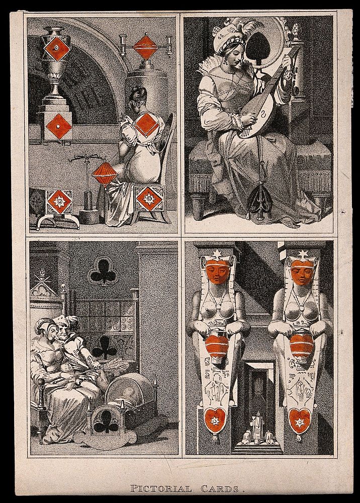 Pictorial cards bearing the symbols of each of the four suits. Stipple engraving, 1818.