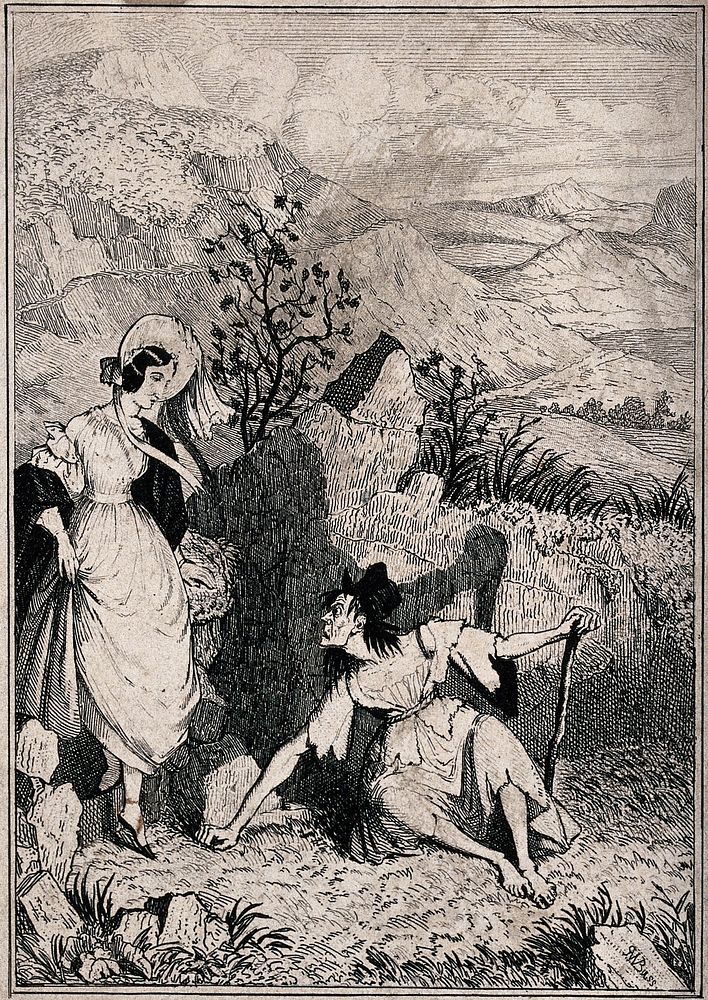 Mary Brotherton encounters Old Sally, a woman on the moor. Line block after R.W. Buss, 1840.