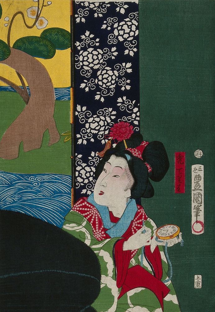 A child attendant for a courtesan in a brothel holds a western watch and looks towards the client. Colour woodcut by…