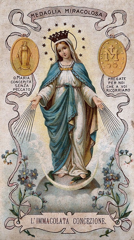 Saint Mary (the Blessed Virgin), in the form in which she appeared to Saint Catherine Labouré in Paris in 1830. Colour…