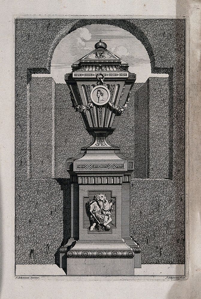 An ornate vase and pedestal with a man fighting lion carved on the base. Etching by J. Schynvoet, c. 1701, after S.…