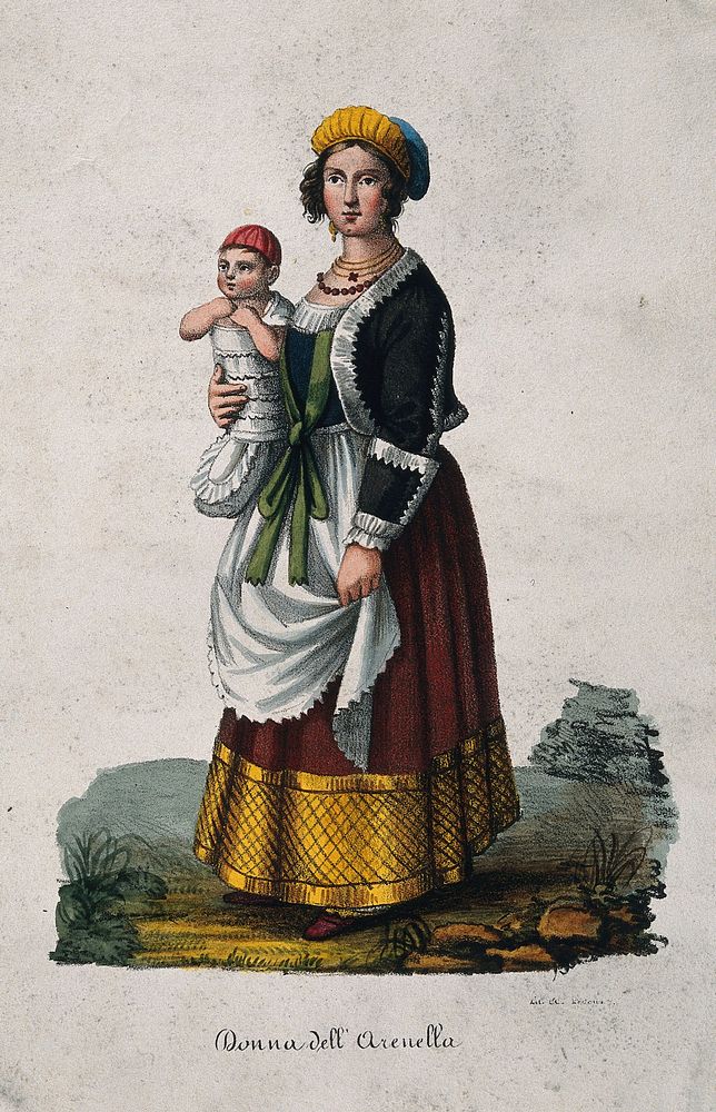 A woman dressed in Neapolitan costume holding a baby. Coloured lithograph by A.C. Ledoux .