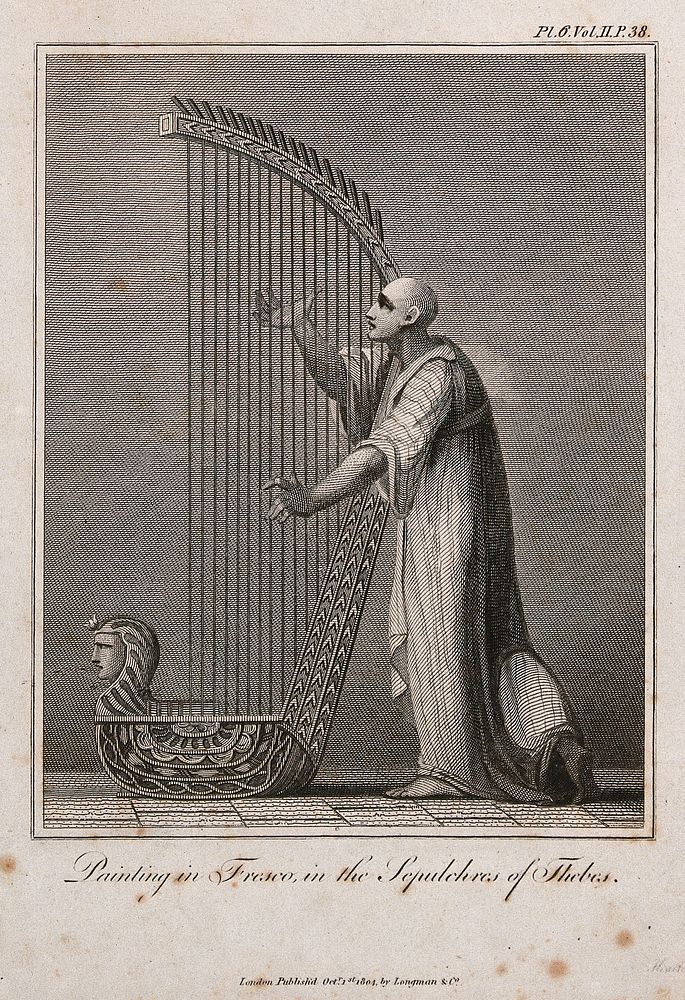 An Egyptian man is playing a large harp adorned with the figurehead of a woman. Engraving.