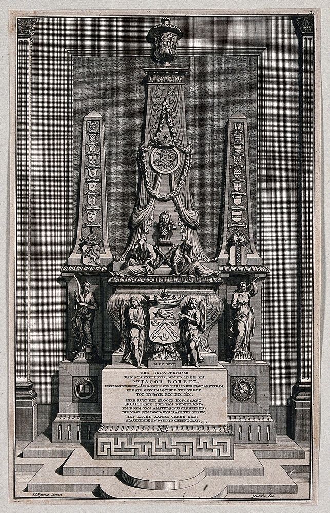 An ornate sepulchre bearing an inscribed epitaph to Mr. Jacob Boreel. Etching with engraving by J. Goeree, c. 1697, after S.…
