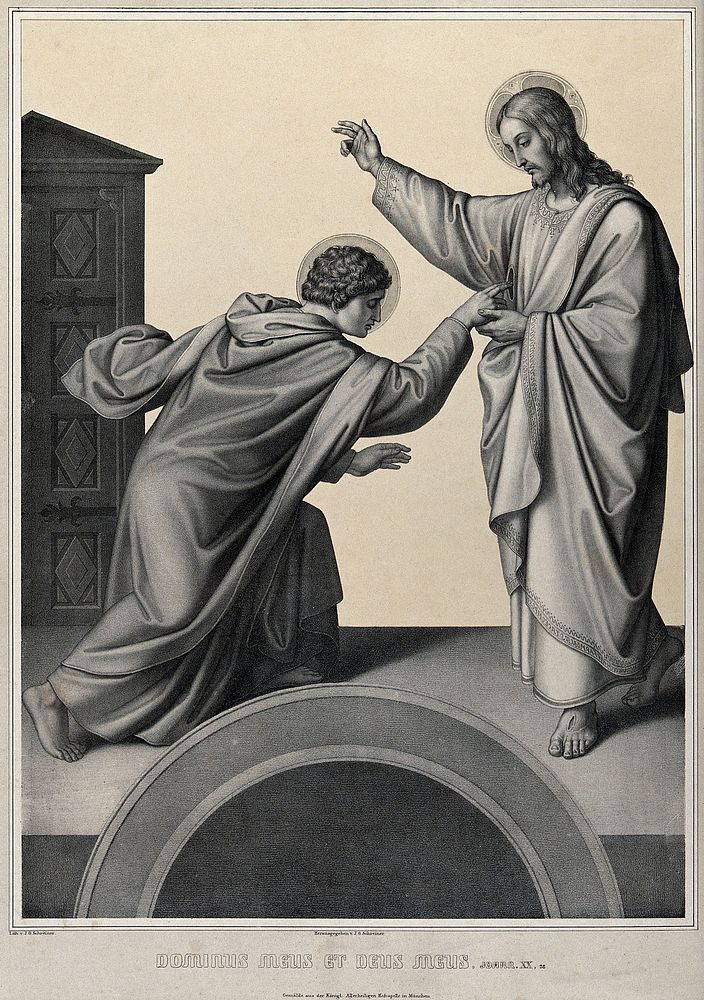 Saint Thomas puts his finger into Christ's wounded side. Lithograph by J.G. Schreiner.