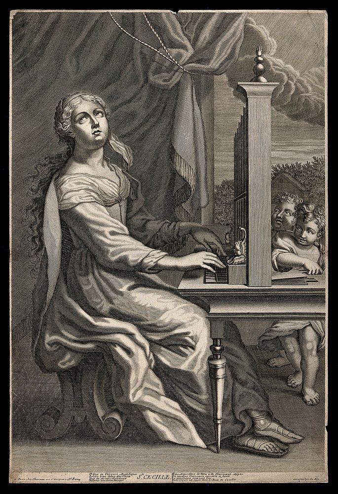 Saint Cecilia: she plays the organ, assisted by two angels. Engraving.