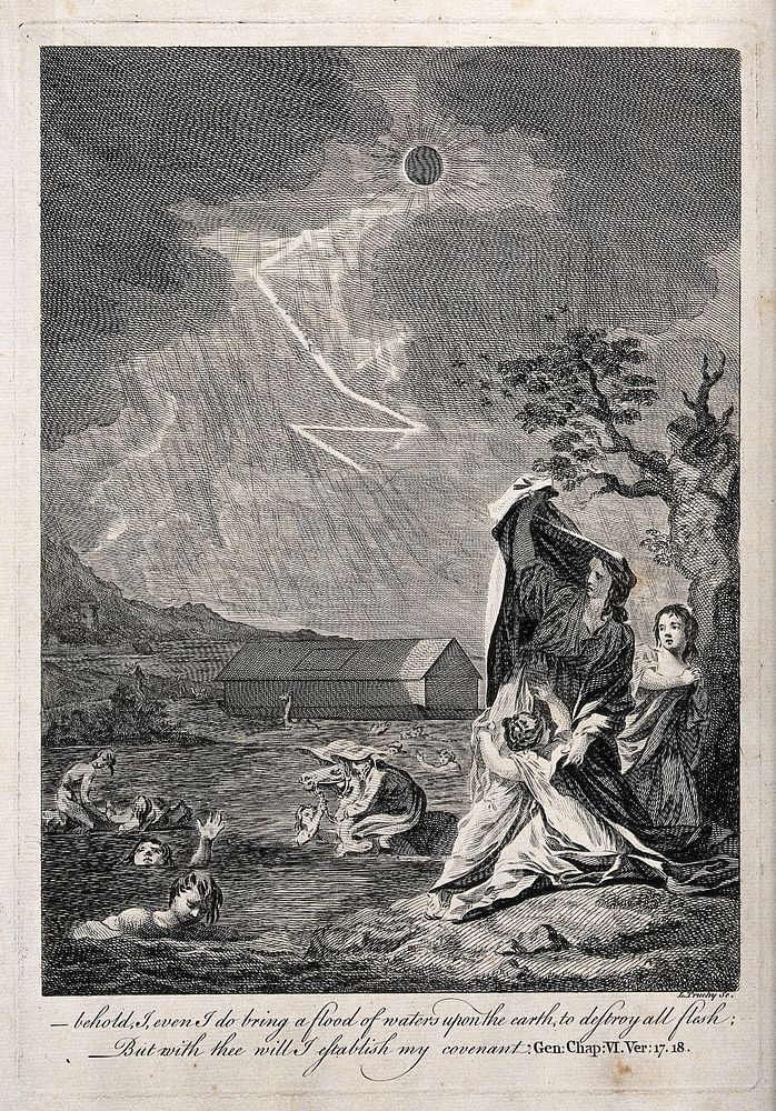 Women shelter in fear by a tree, as the deluge sweeps the land. Engraving by L. Truchy.