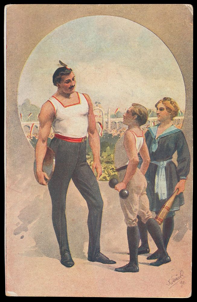 A strongman wearing a white vest and beret is admired by a boy and a girl. Colour process print, 1911.