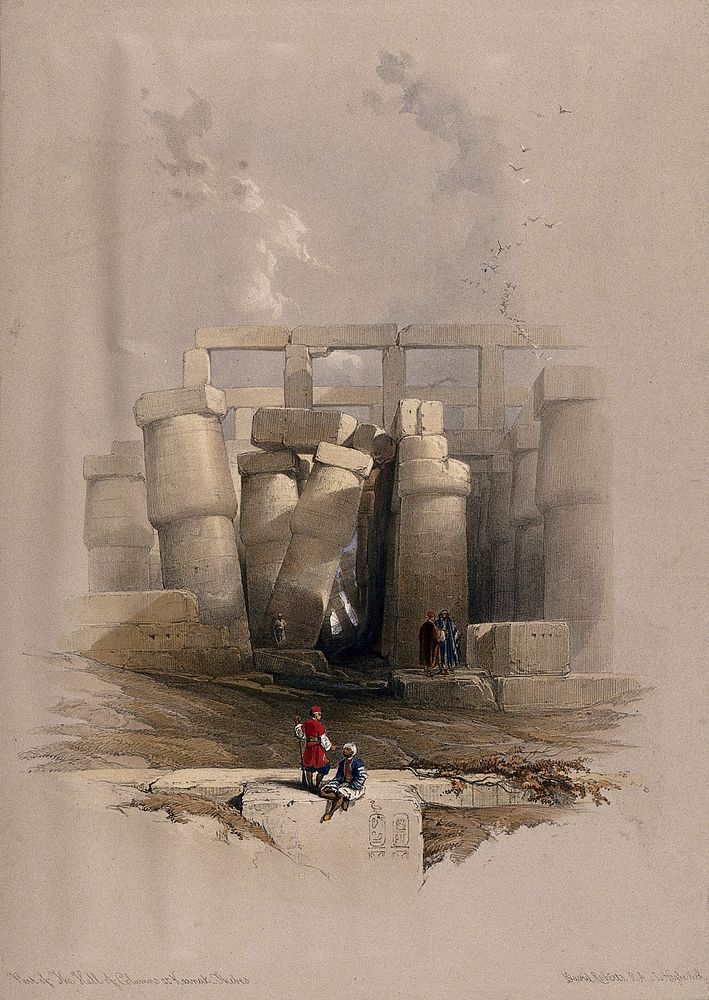Leaning columns in the temple at Karnac, Thebes, Egypt. Coloured lithograph by Louis Haghe after David Roberts, 1849.