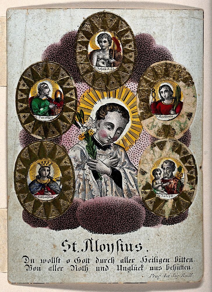 Saint Aloysius Gonzaga and other saints. Coloured stipple engraving.