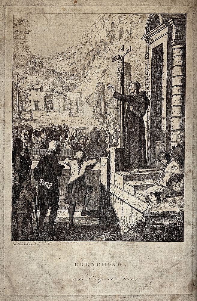 A monk preaching in the Colosseum in Rome. Etching by D. Allan.