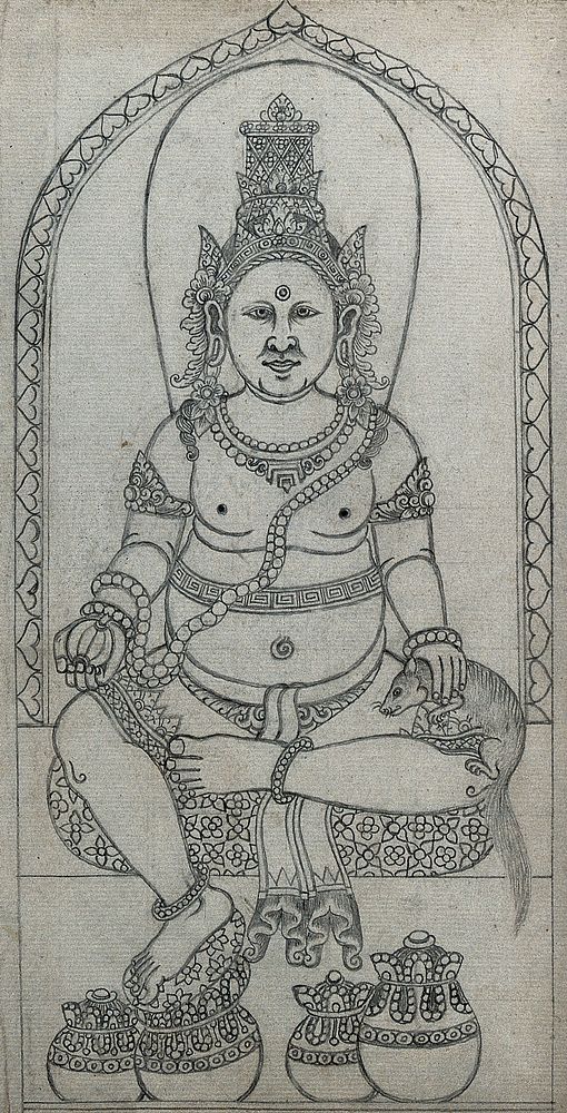 Temple sculpture: a seated figure. Pencil drawing.