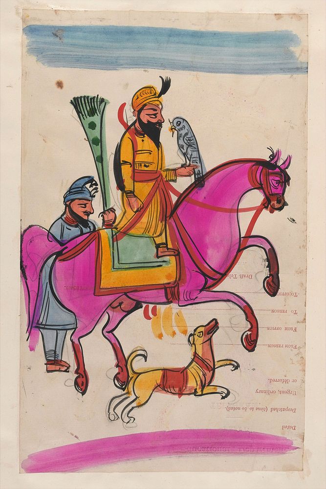 Page 108: Sikh man with a falcon on horseback, identified as Guru Gobind Singh. Watercolour drawing.